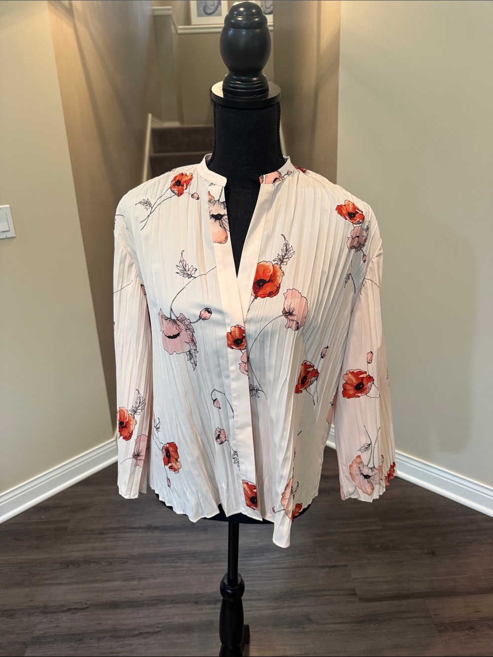 Vince Cream Pleated Blouse with Red & Pink Floral Print